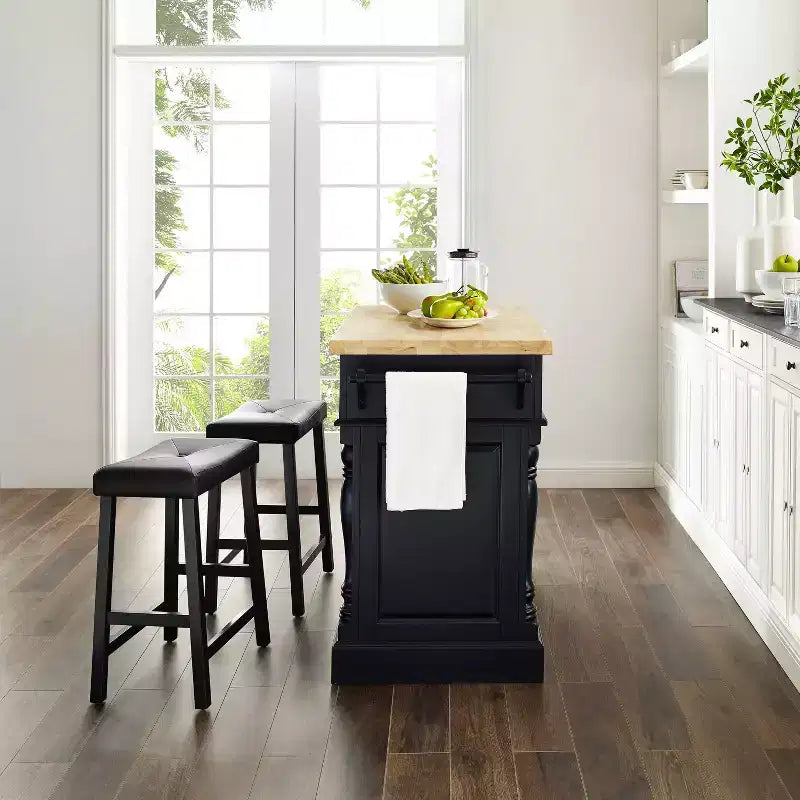 Oxford Kitchen Island with 2 Upholstered Saddle Stools Black - : Pass-Through Storage, Towel Bars, Wood Veneer