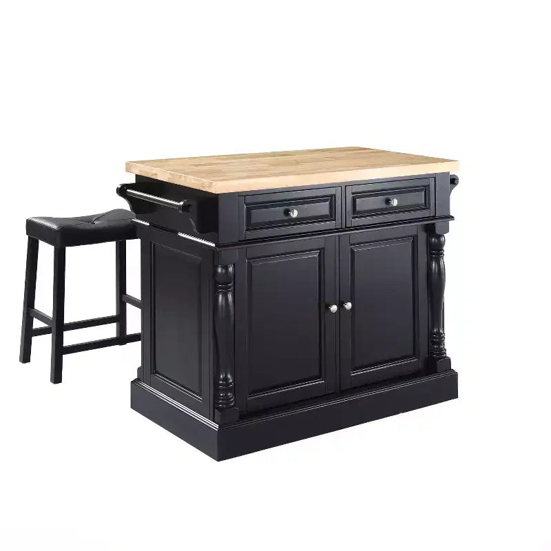 Oxford Kitchen Island with 2 Upholstered Saddle Stools Black - : Pass-Through Storage, Towel Bars, Wood Veneer