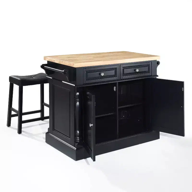 Oxford Kitchen Island with 2 Upholstered Saddle Stools Black - : Pass-Through Storage, Towel Bars, Wood Veneer