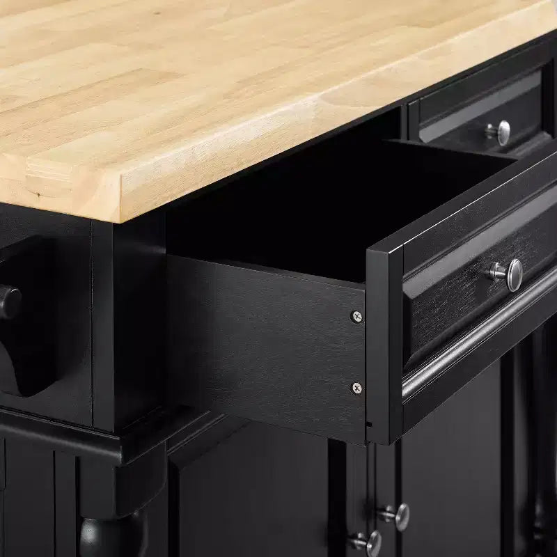 Oxford Kitchen Island with 2 Upholstered Saddle Stools Black - : Pass-Through Storage, Towel Bars, Wood Veneer