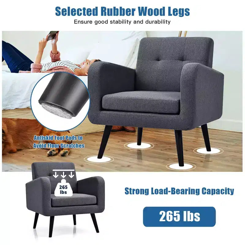 Mid Century Accent Chair Fabric Arm Chair Single Sofa w/Rubber Wood Legs Blue\Grey