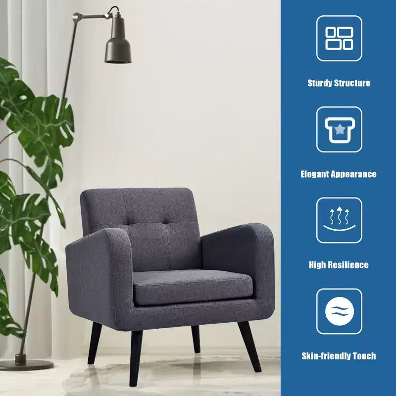 Mid Century Accent Chair Fabric Arm Chair Single Sofa w/Rubber Wood Legs Blue\Grey