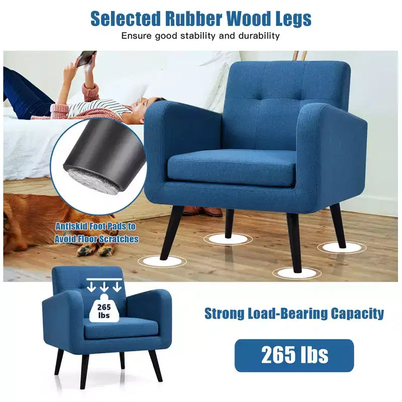 Mid Century Accent Chair Fabric Arm Chair Single Sofa w/Rubber Wood Legs Blue\Grey