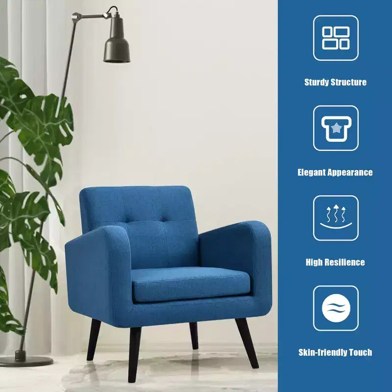 Mid Century Accent Chair Fabric Arm Chair Single Sofa w/Rubber Wood Legs Blue\Grey