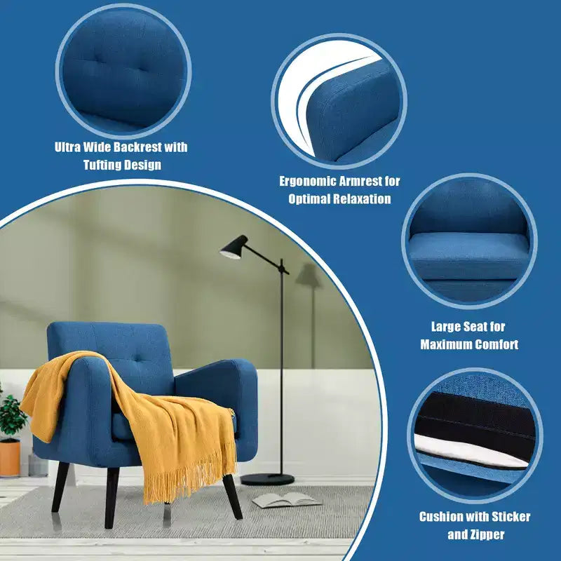 Mid Century Accent Chair Fabric Arm Chair Single Sofa w/Rubber Wood Legs Blue\Grey