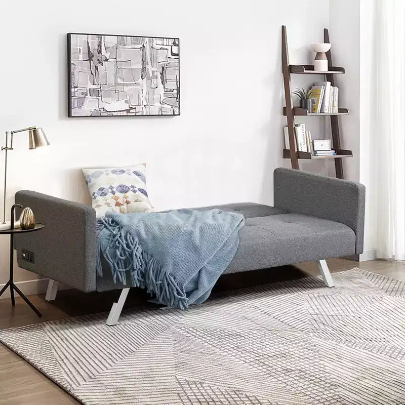 Convertible Futon Sofa Bed Folding Recliner w/USB Ports&Power Strip Grey\Blue