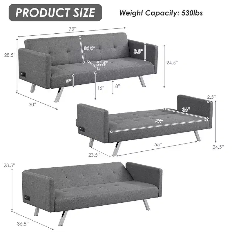 Convertible Futon Sofa Bed Folding Recliner w/USB Ports&Power Strip Grey\Blue