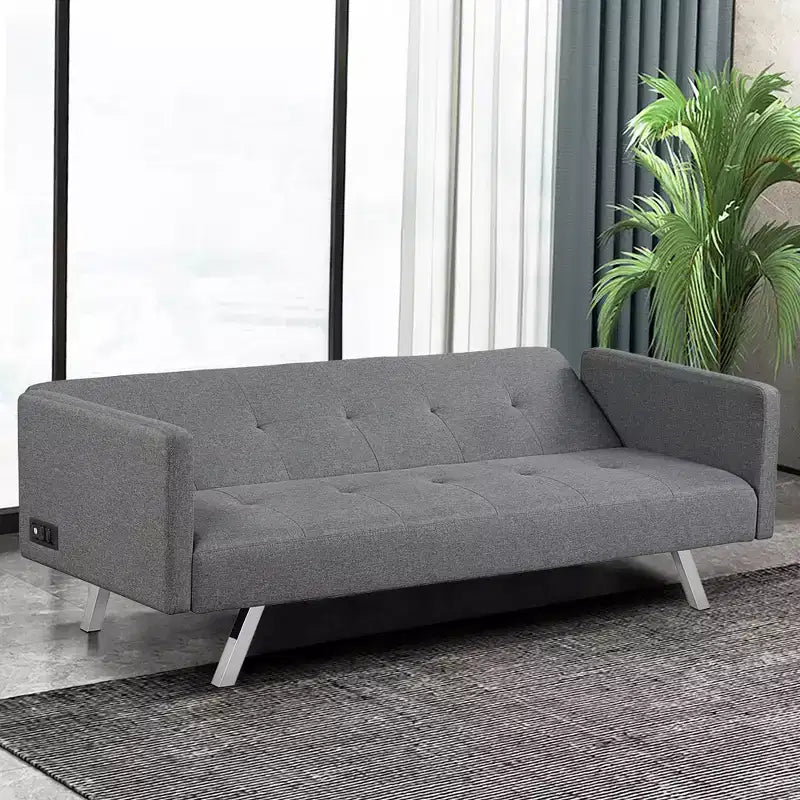 Convertible Futon Sofa Bed Folding Recliner w/USB Ports&Power Strip Grey\Blue
