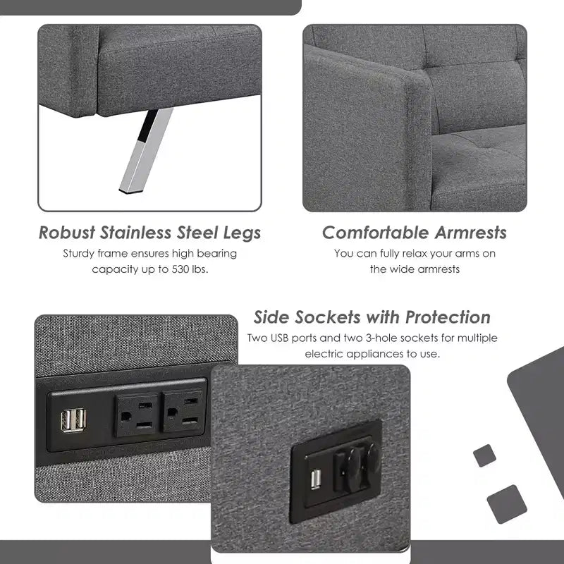 Convertible Futon Sofa Bed Folding Recliner w/USB Ports&Power Strip Grey\Blue