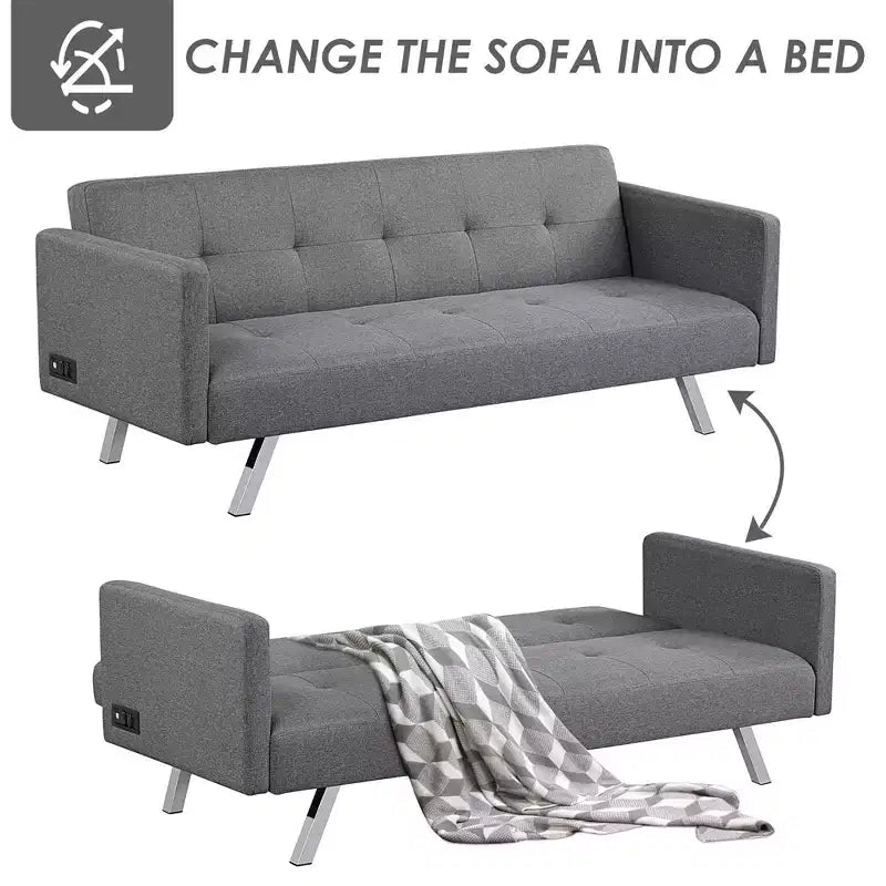 Convertible Futon Sofa Bed Folding Recliner w/USB Ports&Power Strip Grey\Blue