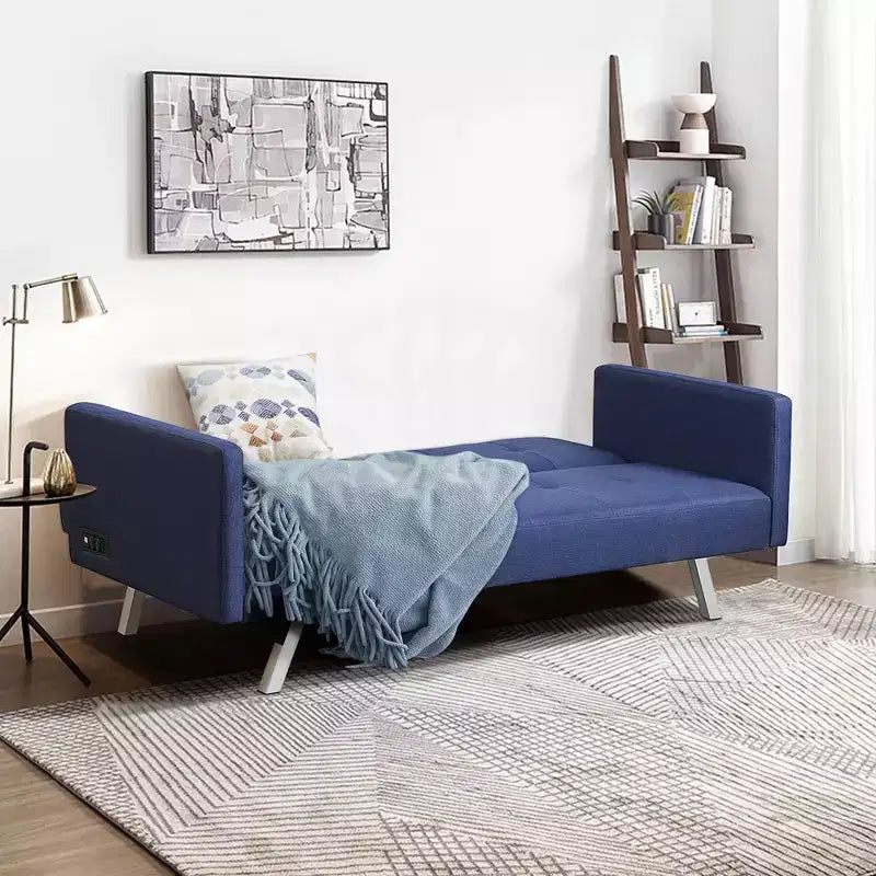 Convertible Futon Sofa Bed Folding Recliner w/USB Ports&Power Strip Grey\Blue