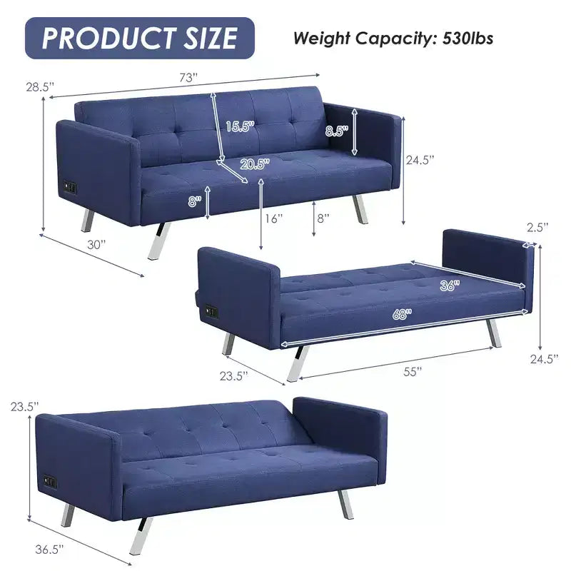 Convertible Futon Sofa Bed Folding Recliner w/USB Ports&Power Strip Grey\Blue