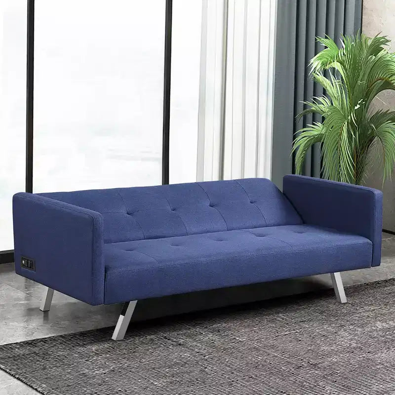 Convertible Futon Sofa Bed Folding Recliner w/USB Ports&Power Strip Grey\Blue