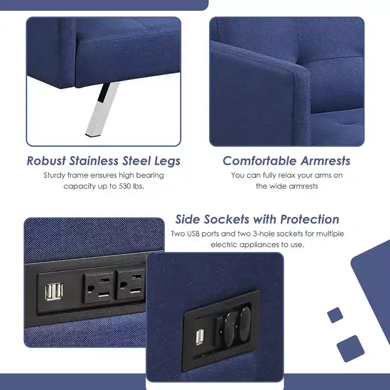 Convertible Futon Sofa Bed Folding Recliner w/USB Ports&Power Strip Grey\Blue