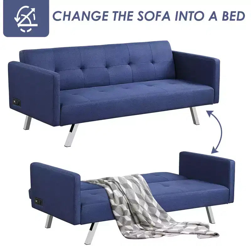 Convertible Futon Sofa Bed Folding Recliner w/USB Ports&Power Strip Grey\Blue