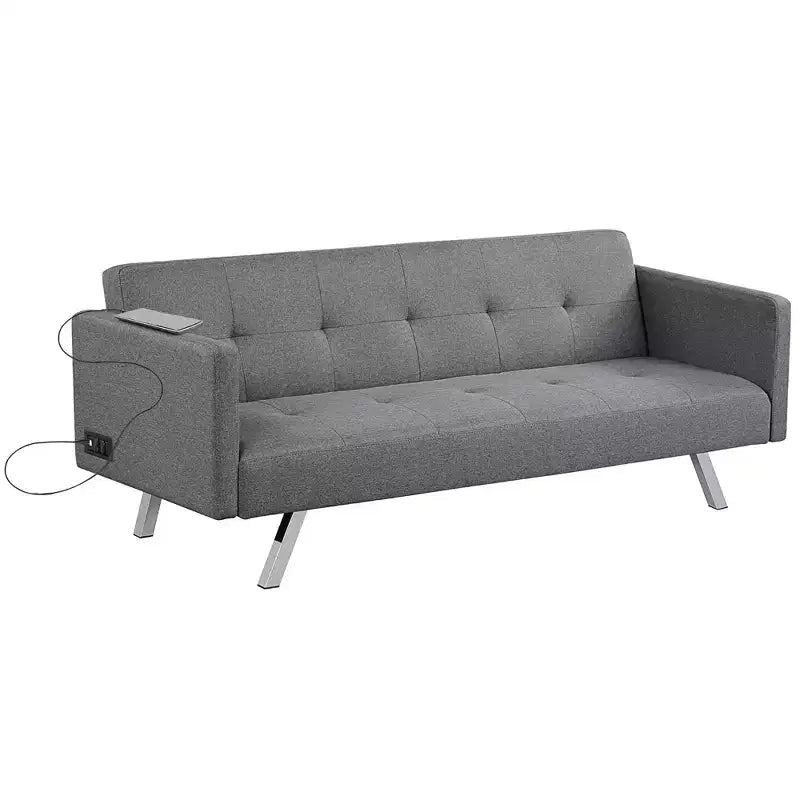 Convertible Futon Sofa Bed Folding Recliner w/USB Ports&Power Strip Grey\Blue