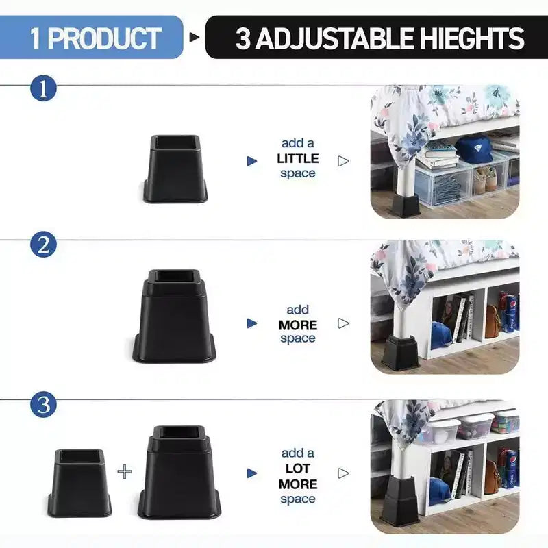 Adjustable Bed Risers - Heavy Duty Furniture Riser in Heights of 8, 5, or 3 Inches for Table risers, Bed Frame Risers in Black
